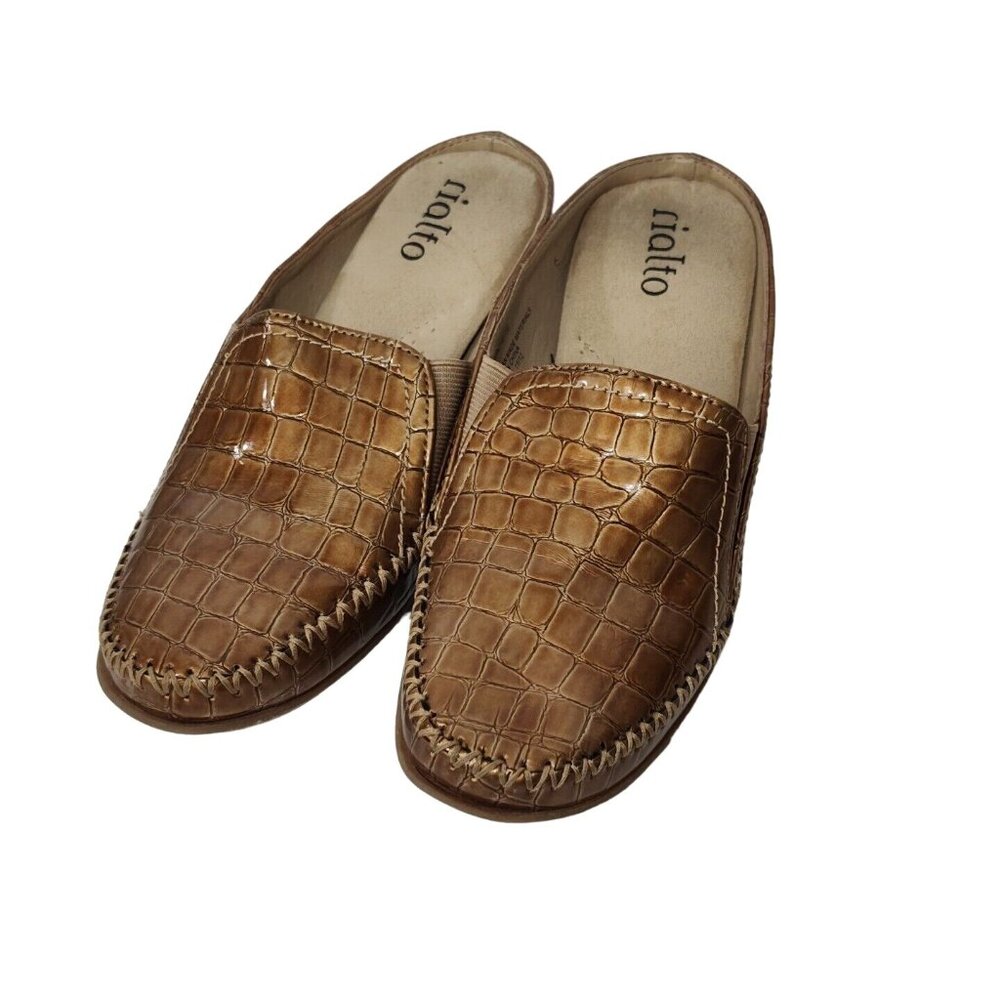 Rialto Comfort Brown Croc Embossed Slip on Mules Shoes Women Size 7 M FLAW - Picture 2 of 8